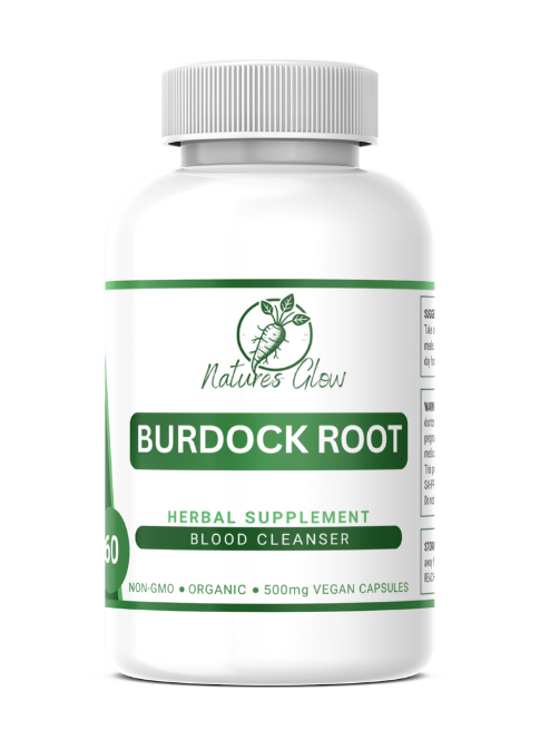 Bottle of burdock root capsules for detox and liver support